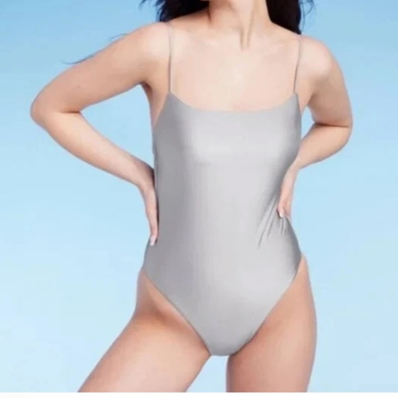 NWT Square Neck High Leg Cheeky Sleek Silver One Piece Swimsuit XL 16 Minimalist - Picture 5 of 13